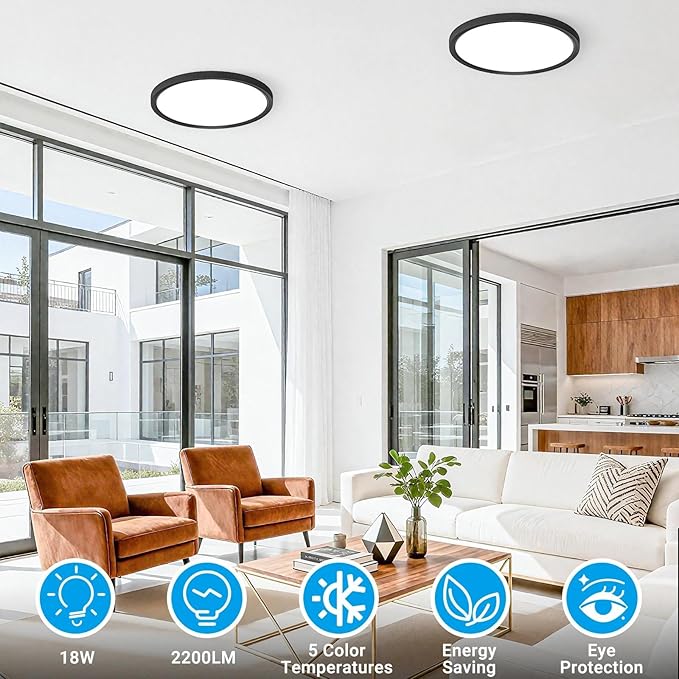 8 Pack LED Flush Mount Ceiling Light,9Inch 18W,3000K/3500K/4000K/5000K/6500K 5 Color Temperatures Ceiling Light Fixture for Kitchen Porch Hallway Bedroom Bathroom and Closet,Black