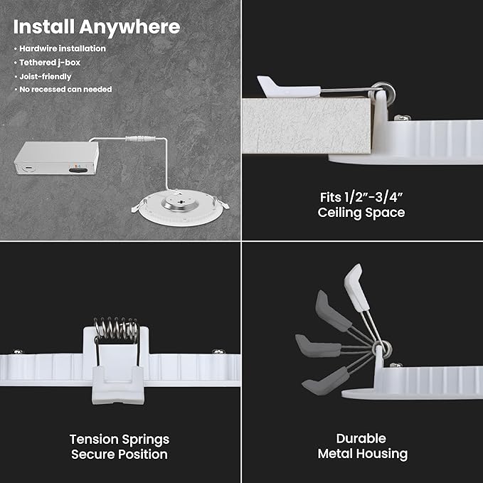 Feit Electric 6" LED Canless Recessed Downlight with Night Light Mode and Integrated J-Box, 85W EQ, Dimmable, 5CCT Selectable White, 1200 Lumens, 50,000-hour Lifetime, LEDR6XT/HO/NL5CCTCA4, 4 Pack