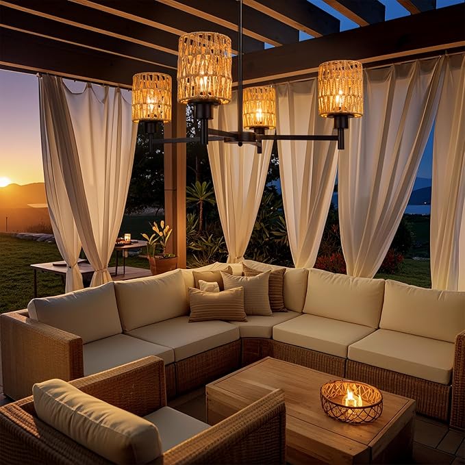 Solar Chandelier Outdoor, 4-Light 28" Hanging Pendant Lights, Rattan Waterproof Dimmable, Outdoor Chandelier for Gazebo, Pergola, Porch, Patio