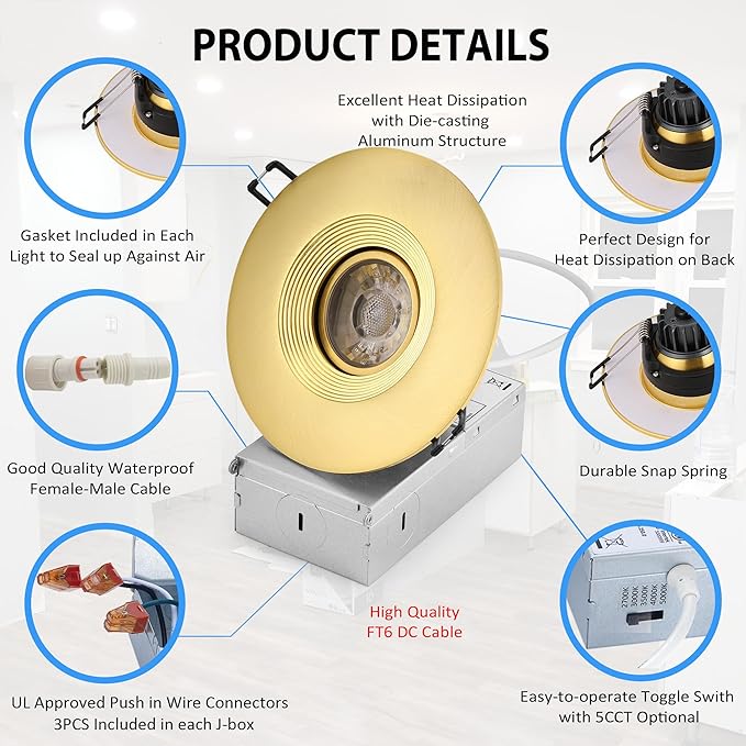 POPANU Premium 4-inch LED Recessed Lights - 5 CCT 4 Inch Eyeball Ceilling Gimbal Potlight, Dimmable Recessed Lights Fixture with Junction Box, 8W CCT Adjustable, Shiny Gold, with Baffle, 6P