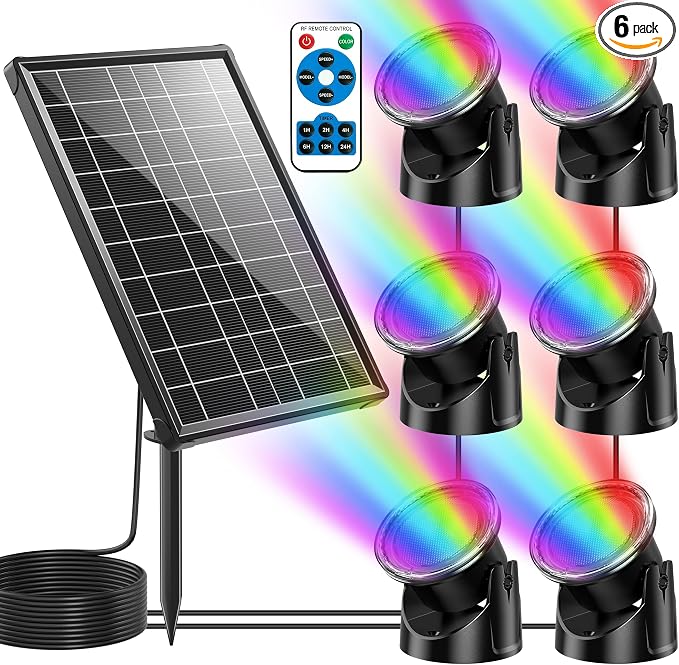 POPOSOAP 8W Solar Pond Lights with Remote Control, RGB Multi-Color Underwater Solar Lights with Timer & Memory Function for Pond, Fountain, Pool, Garden, Aquarium(6 Headlamp)-P68WC