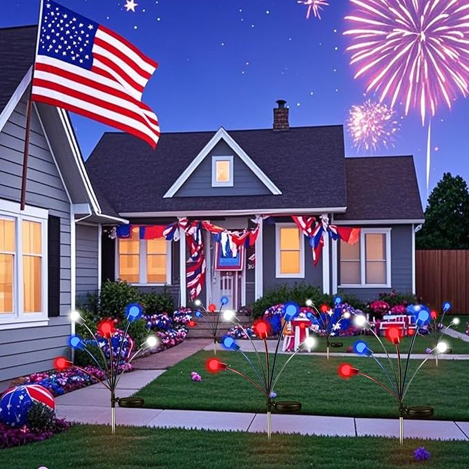 OZS 4pack Solar American Flag Lights - 4th of July Solar Garden Outdoor Waterproof Firefly Light for Memory Day, Independence Day, National Day Decoration (Red White Blue)