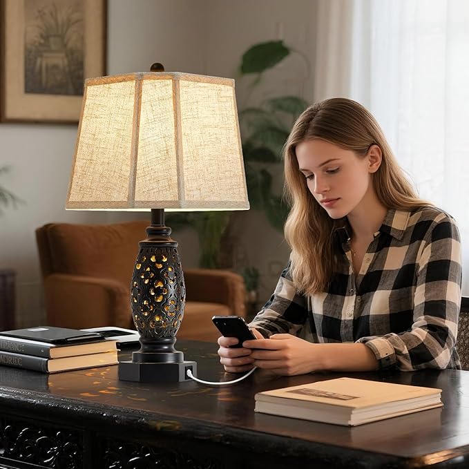 EJIAXIN Table Lamps Set of 2-23.5" Vintage Bedside Lamp with USB A+C and Nightlight - Black Carved Resin Retro Desk Lamp for Bedrooms, End Tables, Living Room, Bulbs Included