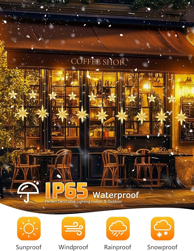 126 LED Star Icicle Lights,7.8ft Connectable Window Curtain Lights Plug in,8 Lighting Modes Timer Bethlehem Star Christmas Light for Indoor Outdoor,Bedroom,Wedding,Ramadan Decor,Warm White
