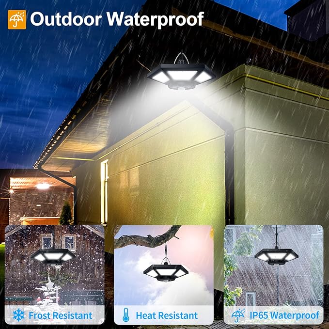 AEQ Solar Pendant Light Indoor/Outdoor with Remote Control, 360 Waterproof Solar Light with Motion Sensor/Timer/5 Modes for Home Shed Garage Barn