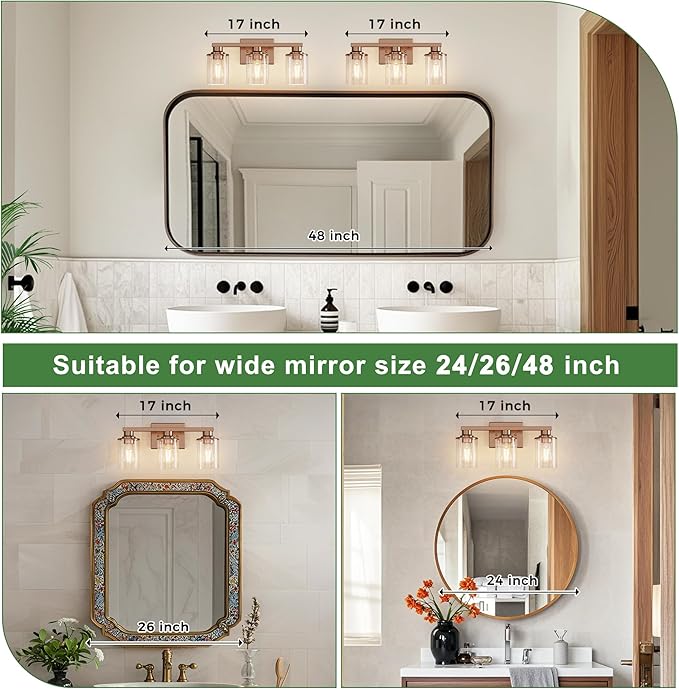 DORESshop 17 Inch Bathroom Light Fixtures, 3-Light Antique Patina Bathroom Lighting Fixtures Over Mirror with Clear Glass Shade, Vanity Lights for Living Room Bedroom