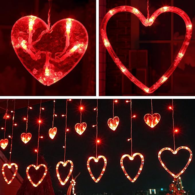 Valentine's Day Red Curtain Lights with 12 Hearts, 138 LED Heart-shaped String Lights 8 Lighting Modes, Plug in Waterproof Valentines Day Lights for Indoor Outdoor Party Wedding Valentine's Day Decor