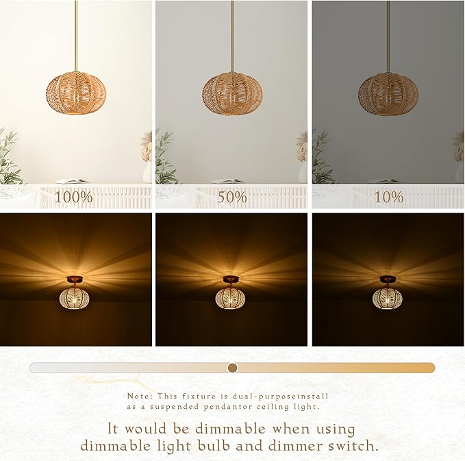 Mini Rattan Pendant Light Hemp Rope Rattan Light Fixture Woven Pendant Wicker Chandelier Boho Chandelier for Bedroom Kitchen Island