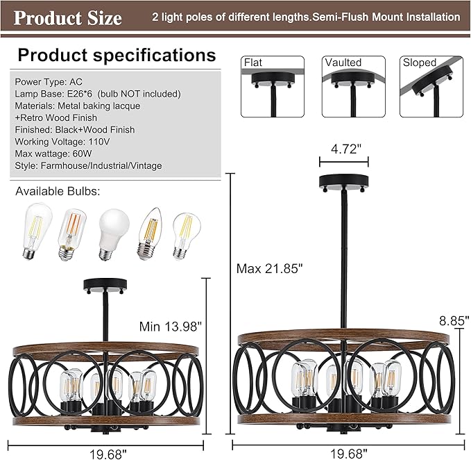 6-Light Farmhouse Drum Pendant Light,19.7'' Nature Wood Texture Vintage Rustic Chandeliers Black Metal Industrial Hanging Light Fixtures for Entryway, Bedroom Dining Room