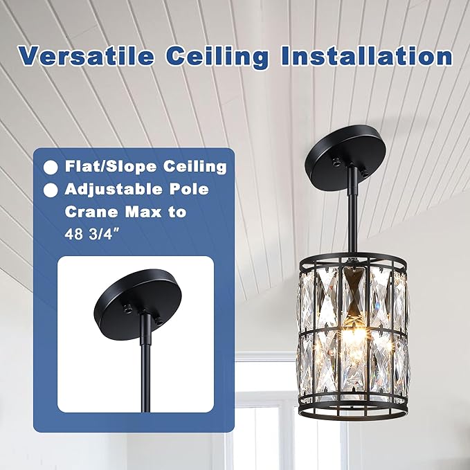 Modern Crystal Pendant Light Fixture 3-Pack Matte Black Finish Hanging Lighting Crystal Chandelier for Living Room, Kitchen, Hallway