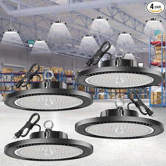 Led High Bay Lights 200W - 28000lm 5000K Super Bright Waterproof Led Shop Lights with Plug 5' Cable and Hook Ring, Garage Light for Factory Gym Warehouse Workshop（4 Pack）