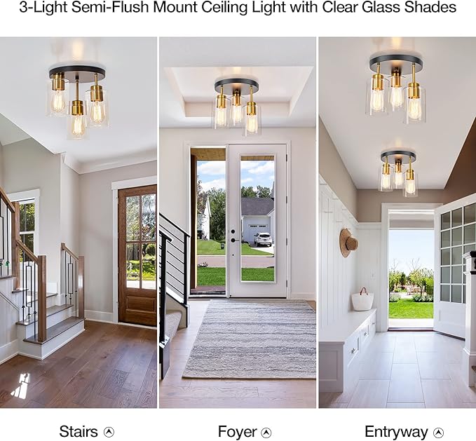Flush Mount Ceiling Light 3-Light Black Semi Ceiling Light Fixture with Clear Glass Shades, Farmhouse Industrial Gold Brass Kitchen Ceiling Lights for Hallway Entryway Dining Roon Bedroom