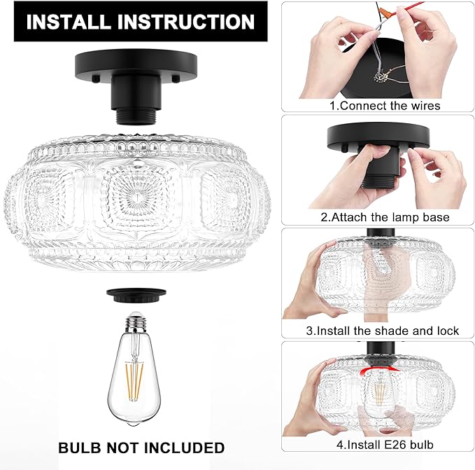 Semi Flush Mount Ceiling Light, Upgraded Larger Black Glass Ceiling Light Fixture, Vintage Lighting for Hallway Kitchen Bedroom Dining Room, Bulb Not Included