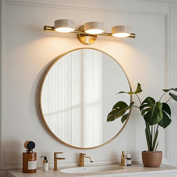 LED Mirror Light with 3 Travertine Stone Shades, Bathroom Vanity Wall Sconce, 360° Rotatable Stone Lampshades, Modern Rustic Wall Lamp for Bedroom, Living Room, Hallway (Gold-Metal)