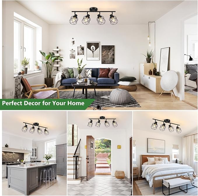 4-Lights Semi Flush Mount Ceiling Light, Adjustable Multi-Directional Light Fixtures, Rotatable Farmhouse Light Fixtures Mount with Metal Cage for Dining Room, Living Room