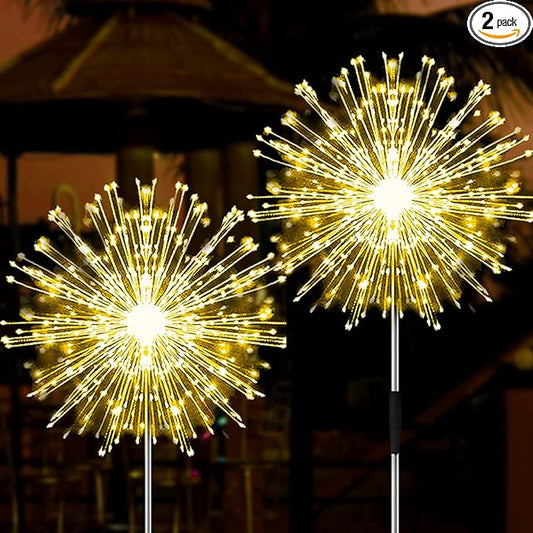 JJGoo Outdoor Solar Lights Firework, 2 Pack 120 LEDs Waterproof Solar Lights for Outside Garden Yard Pathway Fence - Warm White