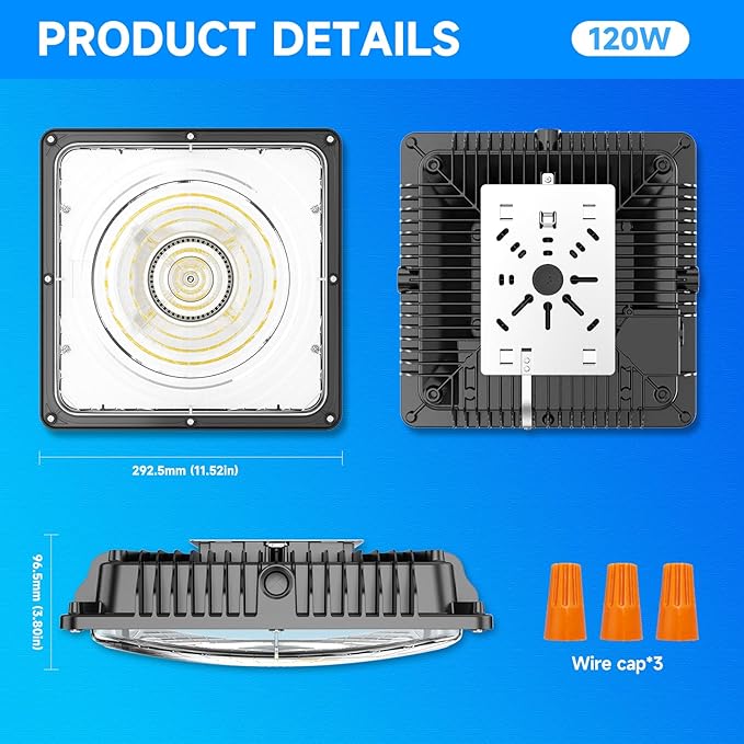 LED Canopy Light for Gas Station Light, 120W 18000lm 0-10V Dimmable 5000K, IP65 Waterproof Commercial Canopy Lights for Outdoor Garage Warehouse Shop Carpor UL Listed, 1 Pack
