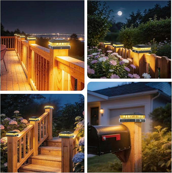 Solar Post Cap Lights 2 Pack, IP65 Waterproof Outdoor Fence Post Solar Lights for 3.5x3.5 & 4x4 Wood/Vinyl Posts, 10-12 Hours Upgraded Warm/Cool White Glow for Garden/Patio/Porch - Inky Black
