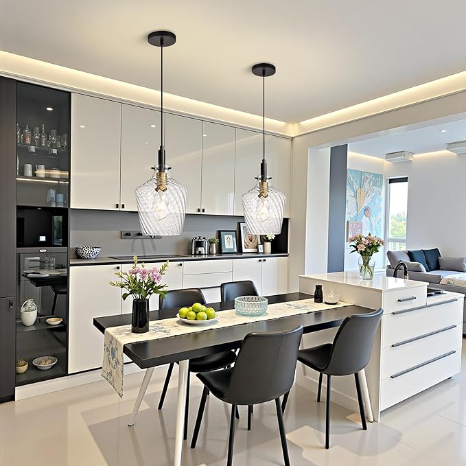 Modern Stripes Clear Glass Pendant Lighting for Kitchen Island 1 Pack, Farmhouse Black and Gold Pendant Light Fixtures, Height Adjustable Ceiling Pendant Light, 8 Inch