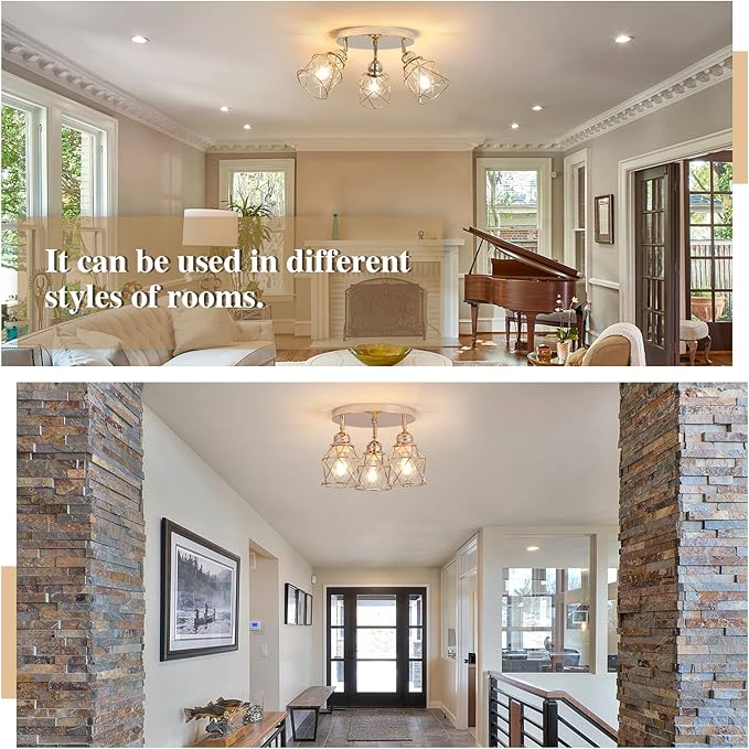Kitchen Light Fixtures - 3-Lights Multi-Directional Ceiling Lamp with E26 Base, Adjustable Flush Mount for Hallway, Farmhouse, Kitchen, Dining Room, Entryway