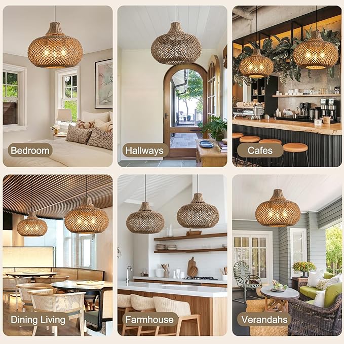 18.11" Rattan Pendant Light,Boho Hand Woven Wicker Hanging Light Seagrass Rattan Chandelier for Dining Living Bedroom