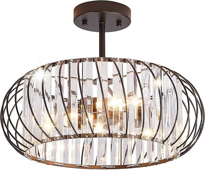 Semi Flush Mount Crystal Ceiling Light, 3-Light 16 Inch Metal Cage Hallway Ceiling Lamps, Farmhouse Ceiling Light Fixture, Industrial Crystal Chandelier for Corridor Bathroom Kitchen (E12 Base)