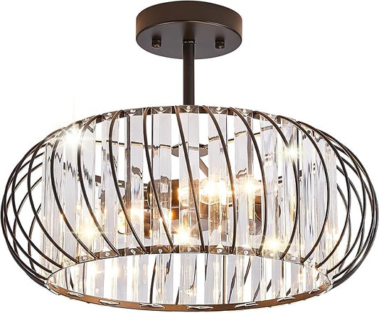 Semi Flush Mount Crystal Ceiling Light, 3-Light 16 Inch Metal Cage Hallway Ceiling Lamps, Farmhouse Ceiling Light Fixture, Industrial Crystal Chandelier for Corridor Bathroom Kitchen (E12 Base)