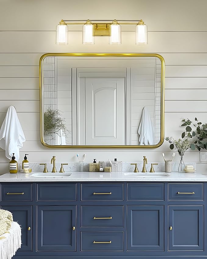 4 Light Bathroom Vanity Light, HWH Brushed Gold Vanity Lights for Bathroom, Brass Gold Wall Light Fixtures Clear Glass, Dimmable LED Vanity Lights for Mirror 24W 5CCT, 5HLT63B-4W-LED BG