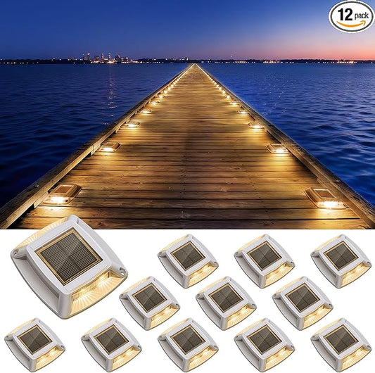 Solar Driveway Lights Outdoor 12 Pack, IP68 LED Solar Powered Waterproof Driveway Marker Deck Dock Lights for Dock Step Pathway Walkway Sidewalk Garden Yard Stair Marine (Warm)