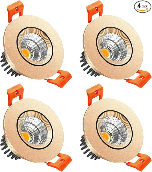LightingWill 2inch LED Dimmable Downlight, 3W COB Recessed Ceiling Light, Daylight White 5500K-6000K, CRI80, 25W Halogen Bulbs Equivalent, Gold (4Pack)