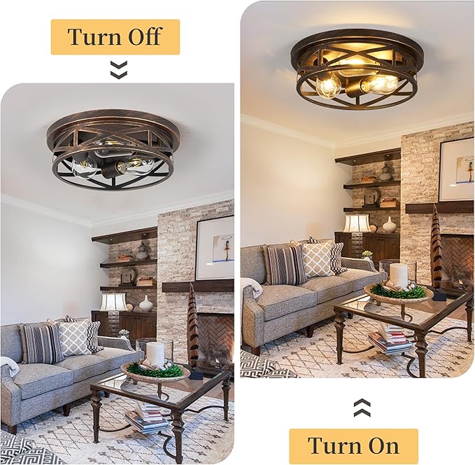 2 Pack Flush Mount Ceiling Light, 3-Light Close to Ceiling Light Fixtures, 13 Inch Farmhouse Cage Style Ceiling Lights for Bedroom, Living Room, Porch Kitchen (Black + Gold)