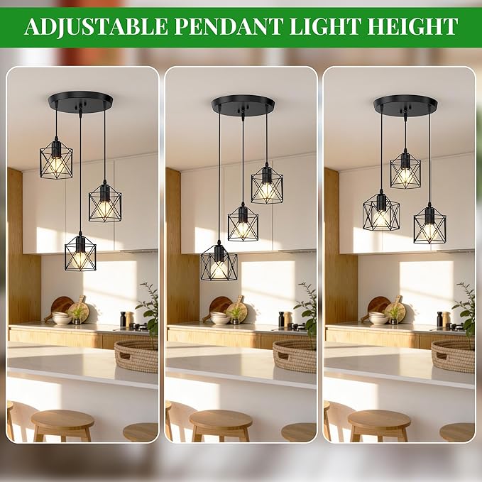 3 Light Pendant Lighting, Farmhouse Hanging Light Fixture for Kitchen Island & Dining Room, Industrial Vintage Ceiling Lamp with E26 Base, Adjustable Height, Matte Black