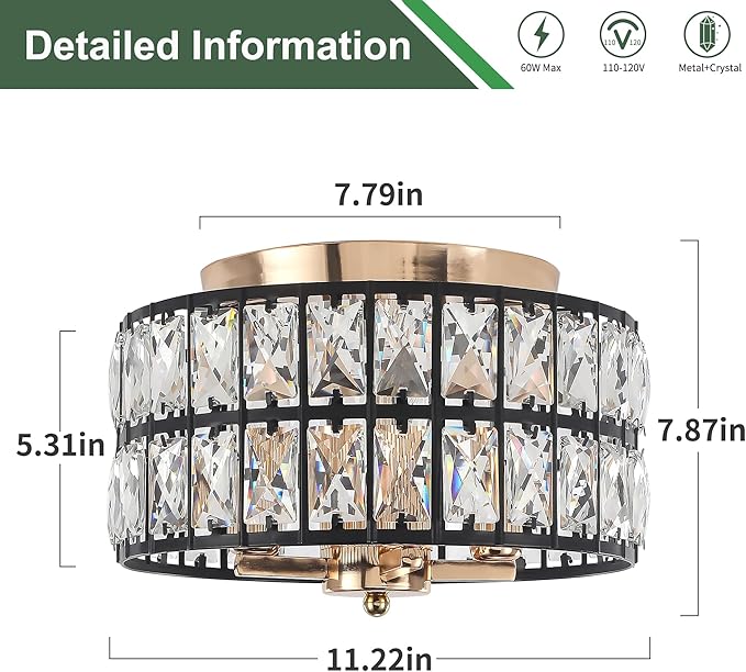 Black Gold Crystal Ceiling Light, 4-Light 11.2 Inch Modern Flush Mount Chandelier, Crystal Flush Mount Ceiling Light Fixture for Bedroom, Kitchen, Living Room, Dining Room, Hallway, Entryway