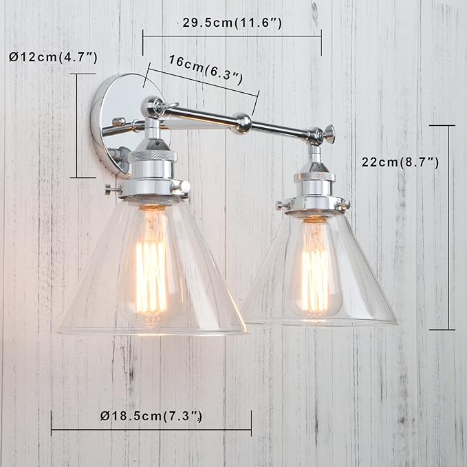 Permo Vintage Industrial Antique 2-Lights Wall Sconces with Dual Funnel Clear Glass Shade (Chrome)
