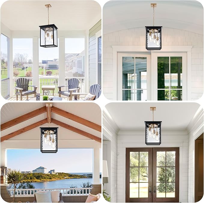 Large Outdoor Pendant Light Fixture, 4-Light Black & Brushed Brass Farmhouse Exterior Hanging Light Fixture with Hammer Glass Adjustable Chain, Outdoor Hanging Lantern for Porch Entrance Front