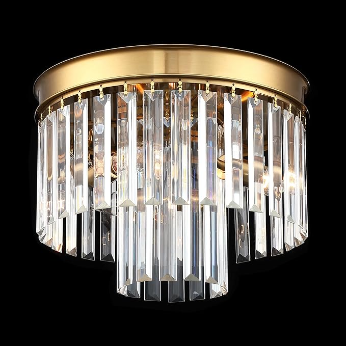 Crystal Flush Mount Ceiling Light Gold Finish 2-Tier Crystal Close to Ceiling Light Fixture for Living Room Bedroom Dinning Room Hallway