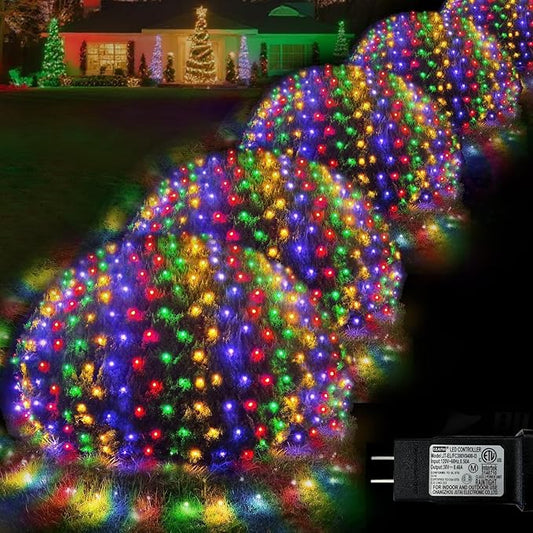 Christmas Net Lights, 610 LED Large Outdoor Net Mesh Lights 34.5X 5ft, 8 Modes Waterproof Twinkle String Lights Connectable for Bushes Christmas Yard Decor, Colorful