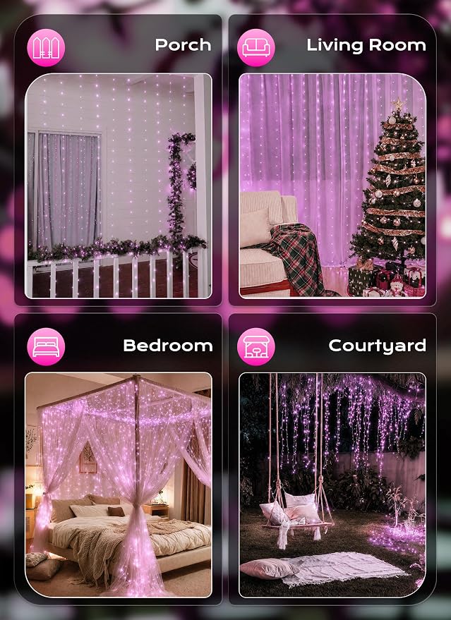 Brightown 300 LED Pink Fairy Curtain Lights, 9.8ft x 9.8ft String Lights, USB Plug in 8 Lighting Modes Christmas String Hanging Lights with Remote for Bedroom Indoor Outdoor Party Xmas Pink 1 Pack