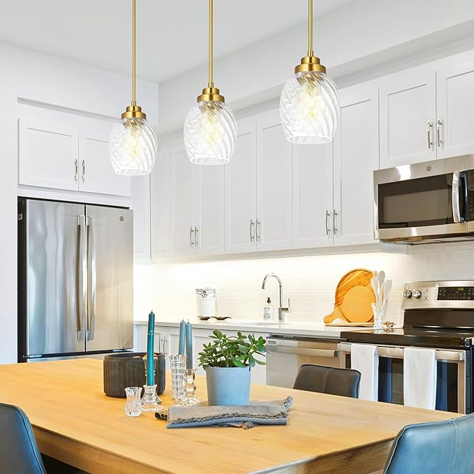 Glass Pendant Lights Kitchen Island,Twisted Clear Glass Treatment Pendant Light,Modern Hanging Light for Kitchen Sink Dining Room Bedroom, E26 (Brushed Gold, 1pack)