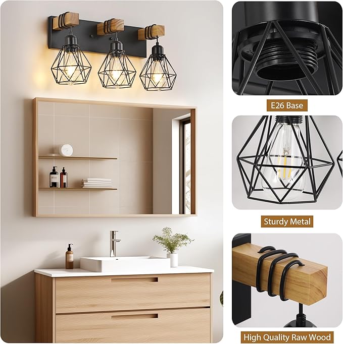 Farmhouse Vanity Light for Bathroom, 3-Light Wood Bathroom Vanity Light Fixtures Over Mirror, Rustic Sconces Wall Lighting with Metal Lampshade for Living Room, Bedroom, Hallway