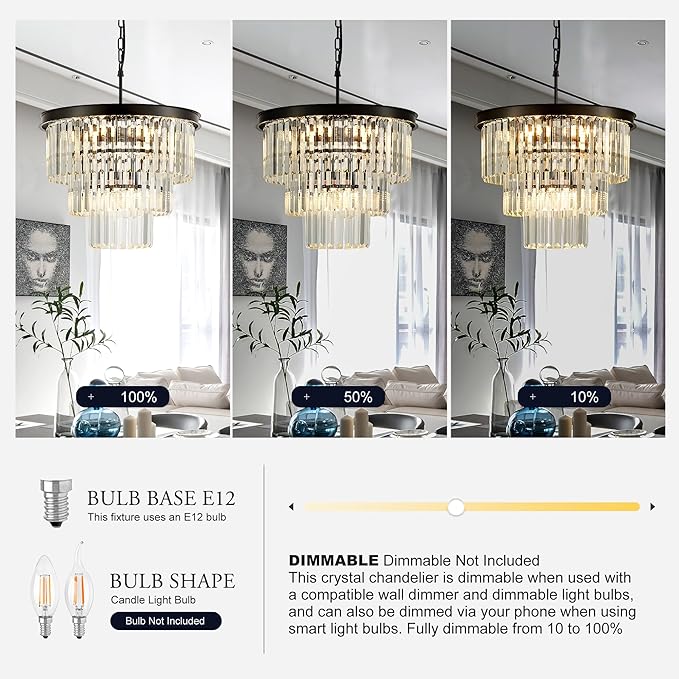 8-Light Black Crystal Pendant Light, 3-Tier 17.76" Luxury Crystal Pendant Light Perfect for Dining Room, Bedroom, Kitchen, Living Room