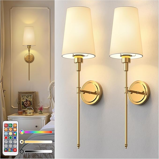 DORESshop Battery Operated Wall Sconce Set of 2, Wireless Wall Light Easy to Install, 15 Color Rechargeable Wall Sconces, Sconce Wall Decor Set of 2 for Bedroom, Living Room, Gold, 27in