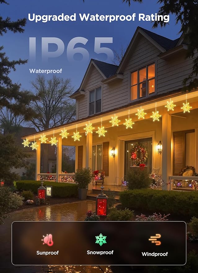 Brightown Smart Christmas Snowflake Lights, 12ft 96LED with 8 Drops Outdoor Icicle Lights with APP Control & Music Sync, Waterproof Connectable, 80+ Scene Modes for Roof, Window, Yard, Patio
