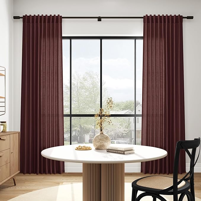 Reddish Brown Linen Curtains 90 Inch Long 2 Panels Set for Bedroom Living Room, Soft Linen Textured Window Drapes Semi Sheer Light Filtering Rod Pocket Back Tab Morden Style 52x90