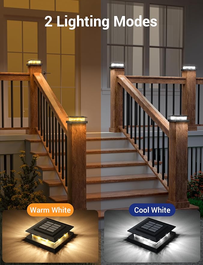 APONUO Solar Post Cap Lights for 4x4 Fence Posts, IP64 Waterproof Outdoor LED Deck Lights with 2 Modes (Warm White & Cool White), Auto On/Off Dusk to Dawn, Easy Install, Black, 12 Pack