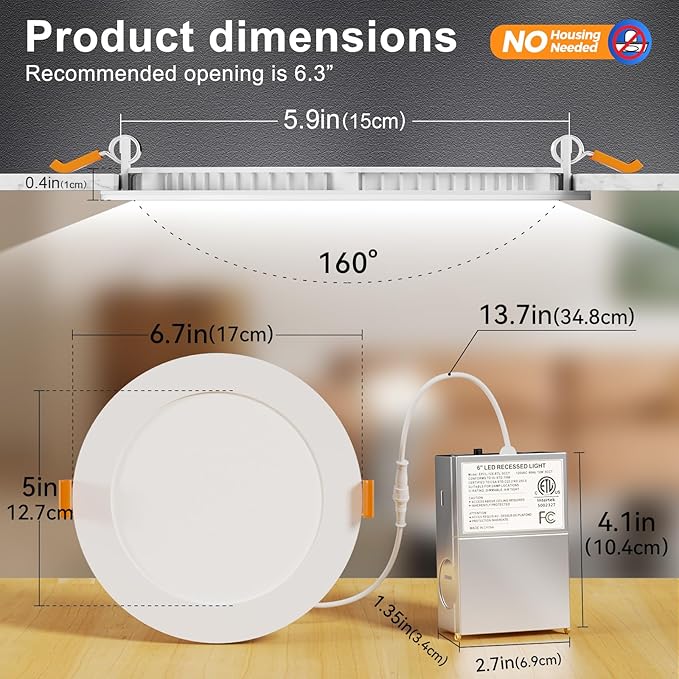 CHARKEE 36 Pack 6 Inch 5CCT Ultra-Thin LED Recessed Ceiling Light with Junction Box, 2700K-5000K, 1050LM High Brightness, Dimmable Canless Wafer Downlight,12W Eqv 110W, ETL & Energy Star & FCC