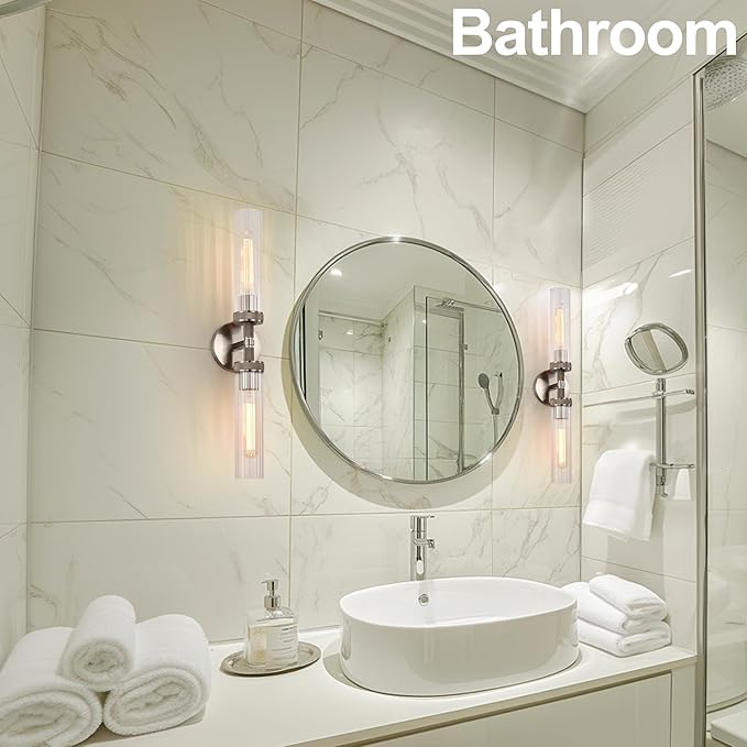 LaLuLa Brushed Nickel Vanity Lights – 2-Light Hardwired Bathroom Light Fixtures with Rippled Glass Shades and Textured Metal Body, Chrome Wall Sconces for Over Mirror or Hallway