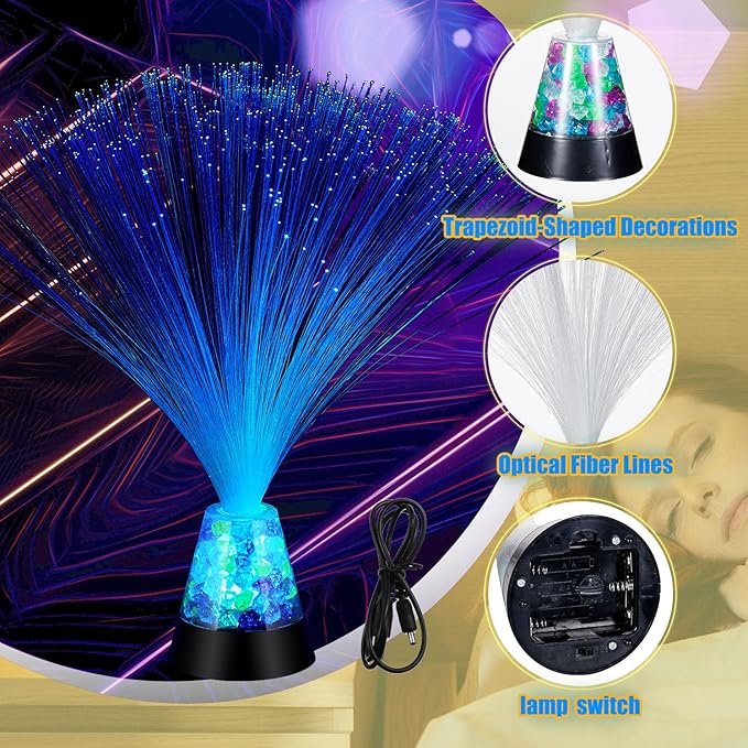 Retisee 4 Pieces Fiber Optic Lamp with Crystal Base 14inch Multicolored Sensory Lights Centerpiece Changing USB Battery Powered Fiber Optic Lights for Room Wedding Disco Party Decoration (Colorful)