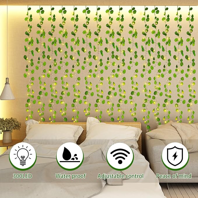 Unittype 15 Pcs 6.6 ft 300 LED Fake Ivy Vines with Lights for Bedroom String Fairy Light Curtain Artificial Hanging Vines Plant Garland with Light for Wall Outdoor Indoor Decor(Eucalyptus Leaf)