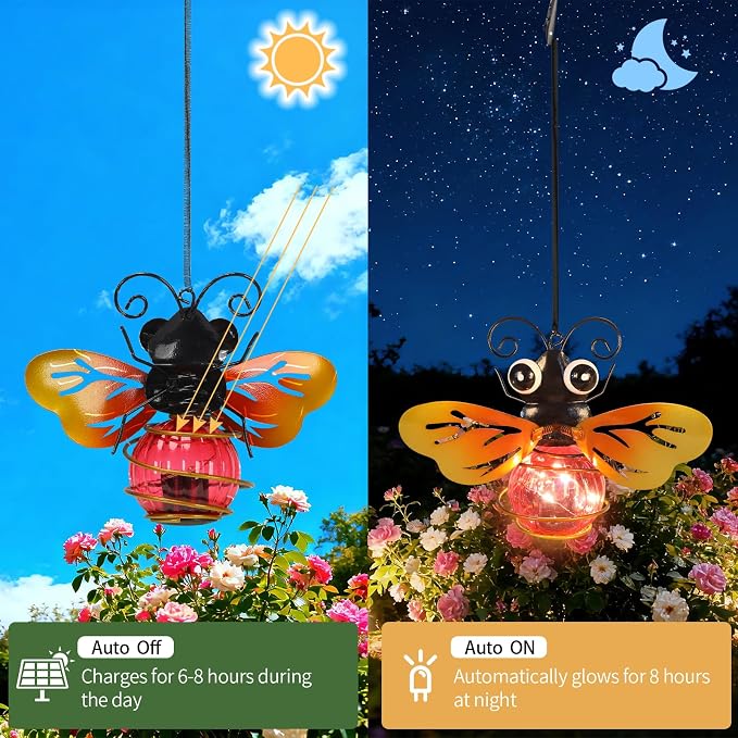 Bee Garden Decor with Bouncy Springs Pendant Lights Birthday Gifts for Women Mom Grandma,Hanging Solar Lights Outside Waterproof Metal Solar Outdoor Decoration for Yard, Porch,Patio,Backyard